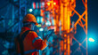 An engineer wearing a hard hat and holding a tablet, standing near a 5G tower, representing the workforce behind the network rollout, 5G networks rollout, blurred background, with