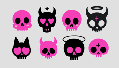 Set of cute girlish gothic ilustrations with skulls in black and pink for transfer tattoos and stickers.