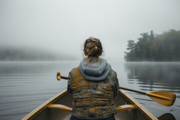 Wall Mural - Rear view of woman sitting in a canoe in the middle of a large calm natural lake