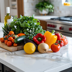 Wall Mural - Various fruits and vegetables on table Healthy, fresh produce Natural colors Alone, market, salad, agriculture Basket