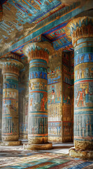 a beautiful egyptian ancient place, there columns, arches, and totems Decorated with colourful painting panels