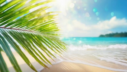 Wall Mural - Blur beautiful nature green palm leaf on tropical beach with bokeh sun light wave abstract background. Copy space of summer vacation and travel concept.	
