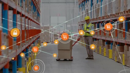 Canvas Print - Animation of network of connections with icons over caucasian male worker in warehouse