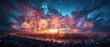 Spectacular Fireworks Symphony: Panoramic 3D Rendered View of an Open Sky Stadium Roof Ignited by Live Fireworks