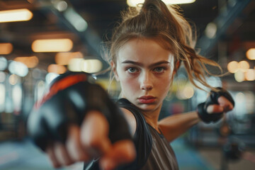 Wall Mural - Young sportswoman exercises hand punches during martial arts training