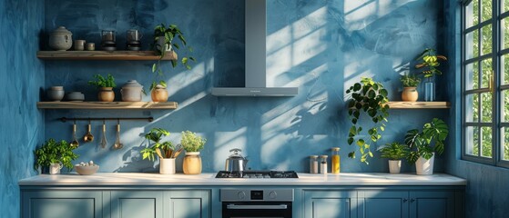 Fototapete - Interior of a blue kitchen with an island. Kitchen with white countertops and utensils. Kitchen Workspace. 3D animation. 3D illustration.