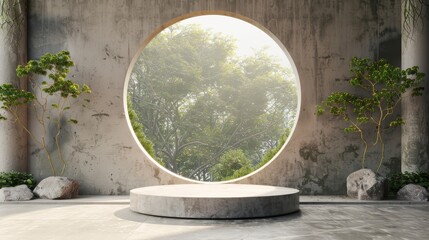 Canvas Print - On a nature background, 3D render of an empty concrete room with a large circle window and round podium.