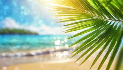 Wall Mural - Blur beautiful nature green palm leaf on tropical beach with bokeh sun light wave abstract background. Copy space of summer vacation and business travel concept.