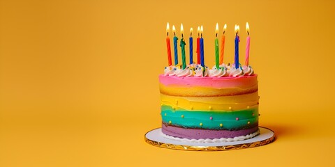 birthday colorful cake decorated with sweets and candles on a yellow background