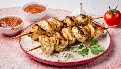 Poster - Chicken kebab skewers on a plate over light black slate. Close-up.