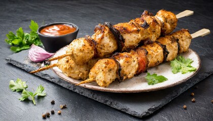 Wall Mural - Chicken kebab skewers on a plate over light black slate. Close-up