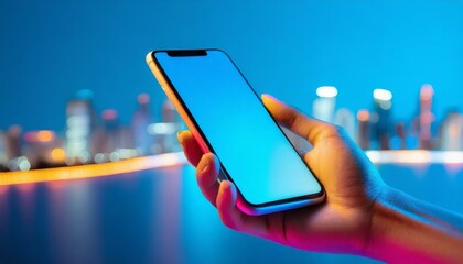 Hand using smartphone with blank screen, isolated on blue background