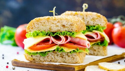 Wall Mural - Sandwich Tasty sandwich with ham or bacon cheese tomatoes lettuce and grain bread delicious club sandwich or school lunch breakfast or snack.