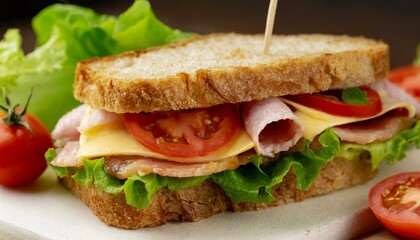 Wall Mural - Sandwich Tasty sandwich with ham or bacon cheese tomatoes lettuce and grain bread delicious club sandwich or school lunch breakfast or snack.