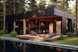Modern black house with large panoramic windows nestled in the serene forest by the tranquil lake. 3D rendering of a luxurious and contemporary architectural masterpiece.