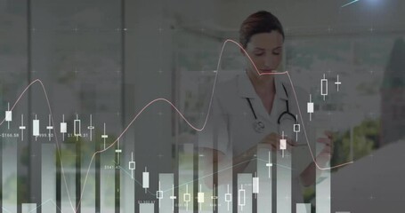 Poster - Animation of data processing and diagrams over caucasian female doctor using tablet