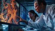 © Justlight - Two scientists in a lab coat and goggles can be seen crouching next to a large monitor as they closely examine highresolution images of a volcanic eruption. They point to