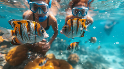 underwater view of woman snorkeling with tropical fish.