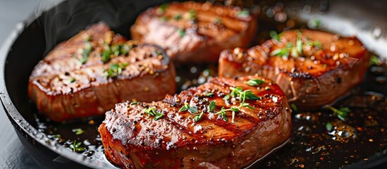 Poster - Three juicy steaks are sizzling in a skillet on a stove, cooking to perfection. The meat is browning and releasing mouth-watering aromas as it cooks.