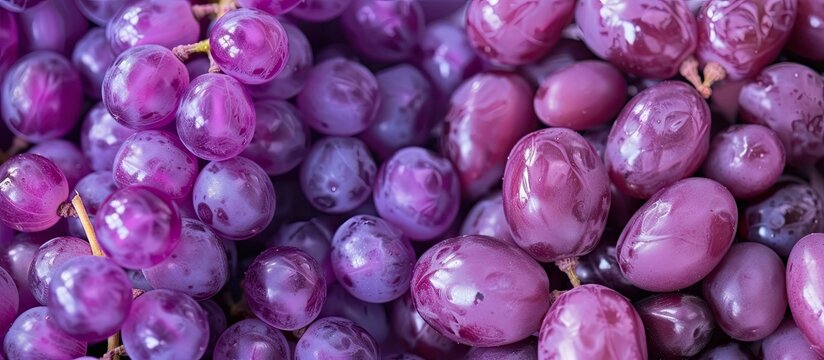 A detailed view of a cluster of ripe purple grapes, showcasing their plump rounded shapes and glossy skin. The grapes are densely packed together, creating a vibrant and appetizing display.