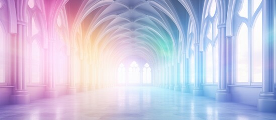 This image showcases a grand cathedral with an abstract white and rainbow-colored ceiling made of stained glass. The light filters through the vibrant colors,