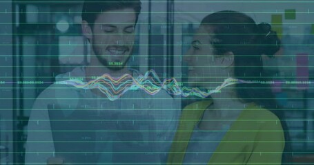 Poster - Animation of data processing and diagrams over caucasian business people discussing work