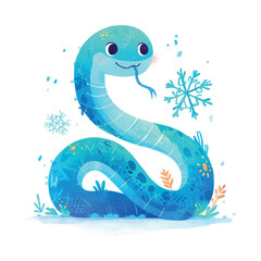 Sticker - cute snake with snowflakes illustration on white background