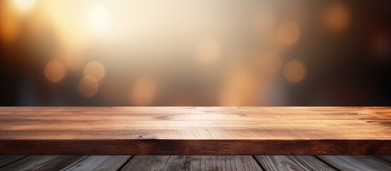 Wall Mural - A closeup view of a wooden table with a blurred background, showcasing the texture and grain of the wood with indistinguishable shapes in the distance.