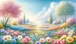 Serene Springtime Panorama: A Blossom-Filled Landscape