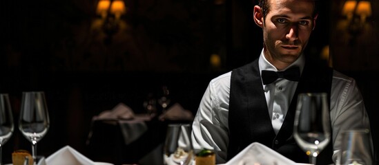 Portrait a waiter tuxedo man in restaurant copy space dark background. AI generated image