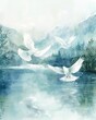 Watercolor depiction of doves over a peaceful Easter morning lake symbolizing serenity and purity of spirit