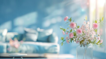 Modern living room with light blue ocean accent, sofa, and furniture against a blurred, bright background featuring a sofa and flowers. Wide panorama