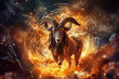 A ram surrounded by flames in a dramatic ring of fire against a deep black backdrop