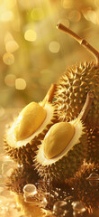 Wall Mural - Fresh durian splashing in water with droplets flying around, vibrant colors. stock photo of water splash with durian Food Photography.