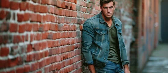 Canvas Print - A young man in jeans stands against a brick wall, hands in pockets, looking directly at the camera. He appears relaxed and casual in the urban setting.