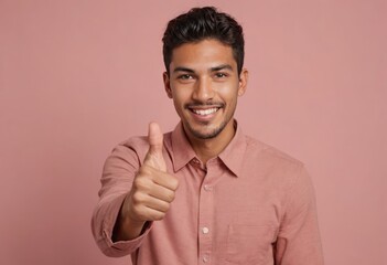 Wall Mural - A happy young man giving a thumbs up, peach background. His cheerful demeanor suggests contentment and agreement.