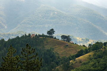 Sticker - Panorama on mountains, forest and cottages, Tara, Serbia