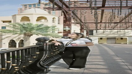 Wall Mural - A young woman in business attire leans on a railing amidst the modern buildings of doha, qatar, reflecting urban lifestyle.