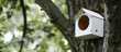 A homemade birdhouse fashioned from a milk carton hangs from a tree in a dense forest setting. The bird feeder provides a safe and sheltered spot for birds to feed and rest.