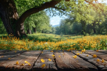 Rustic Wooden Empty Weathered Floor Surface in a Field of Yellow Wildflowers in Forest Clearing Glade Meadow View Rural Background For Product Placement