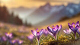 Fototapeta Kwiaty - Fioletowe Krokusy na polanie w górach. Generative AI