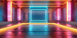 Fototapeta Do przedpokoju - abstract background with neon lights. neon tunnel .space construction. 3d illustration Modern empty futuristic room in neon cyberpunk style realistic cinematic light template layout of cyber premises.
