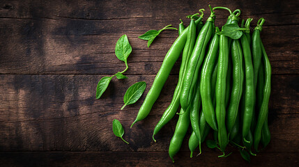 Fresh green beans on a wooden table