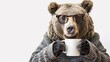 © BackgroundHolic - Cozy Mr.Bear in glasses is drinking coffee with a decent coffee mug isolated on white background, funny animal portrait on white.