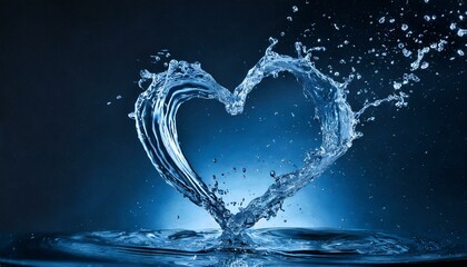 heart splash of blue water isolated on dark blue background 