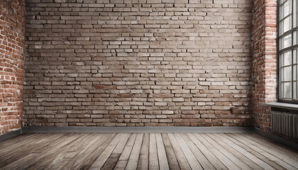  vintage brick wall and wooden floor in empty room, background with copy space