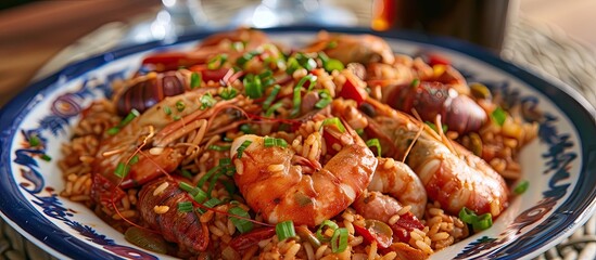 Wall Mural - A blue and white plate holds a delicious serving of Cajun jambalaya topped with juicy shrimp and flavorful rice. The dish is visually appealing and ready to be enjoyed.