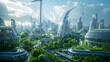 Futuristic City with Plants and Wind Turbines