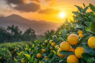 Wall Mural - Golden rays of the setting sun illuminate a citrus orchard, casting a warm light over the ripe, round oranges.