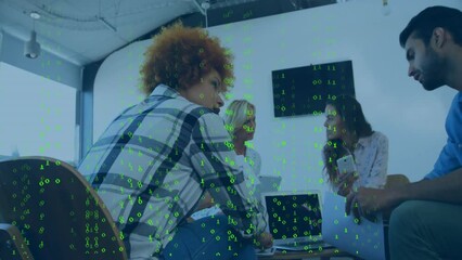 Wall Mural - Animation of binary coding over diverse business people talking in office